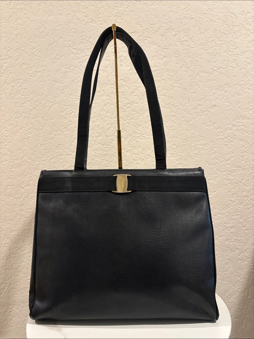 Salvatore Ferragamo Classic Black Leather Tote Handbag